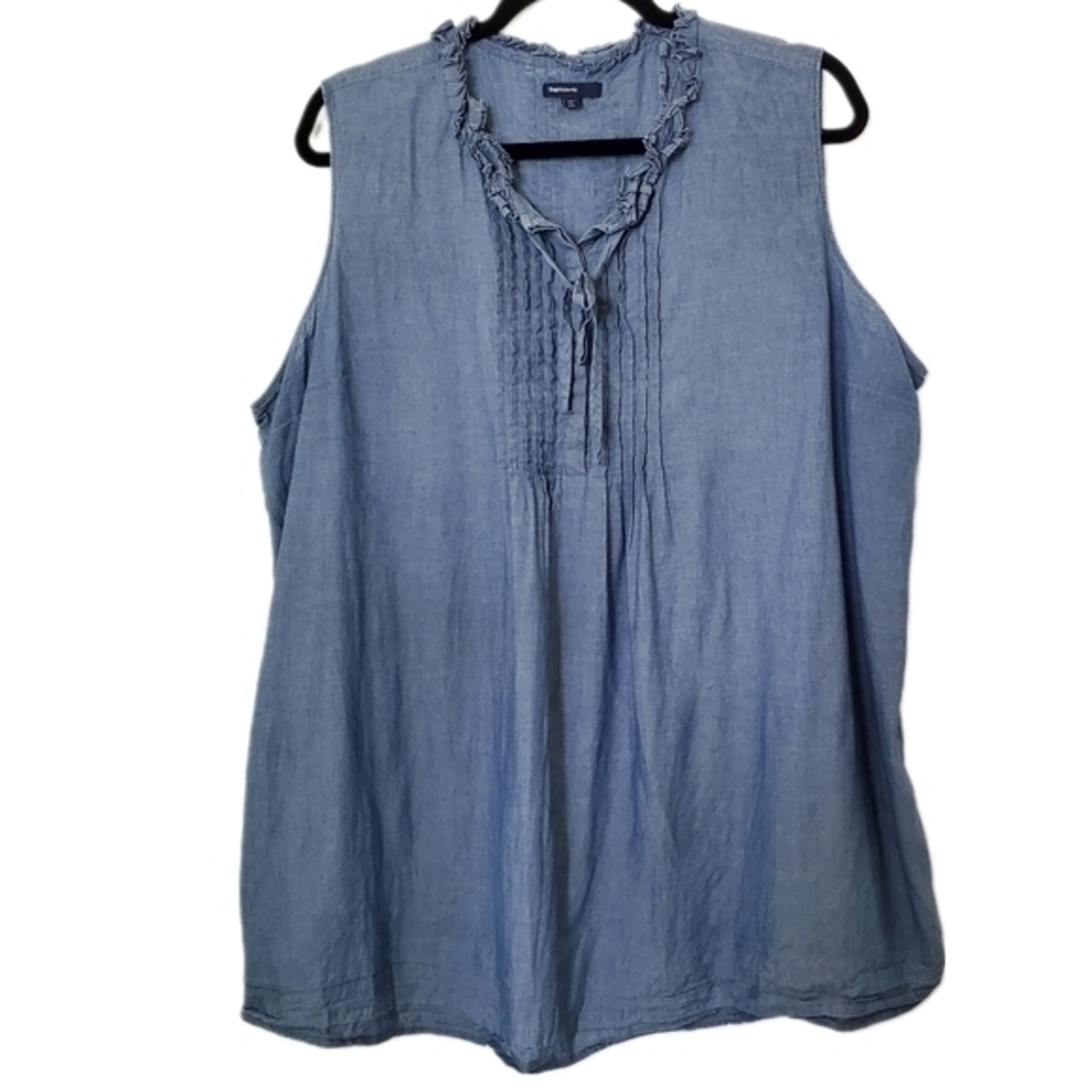Gap Maternity Women's Blue Cotton Pintuck Sleeveless Chambray Ruffle Popover Top